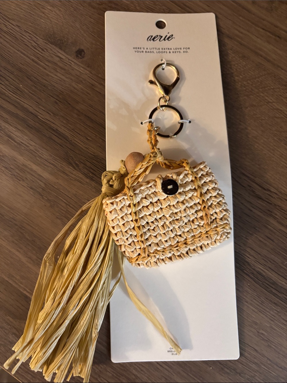 aerie Straw Woven Mini Bag Keychain in Yellow